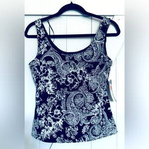 NWT SZ Small Alex Evening  Floral Black and Silver White Women's Top